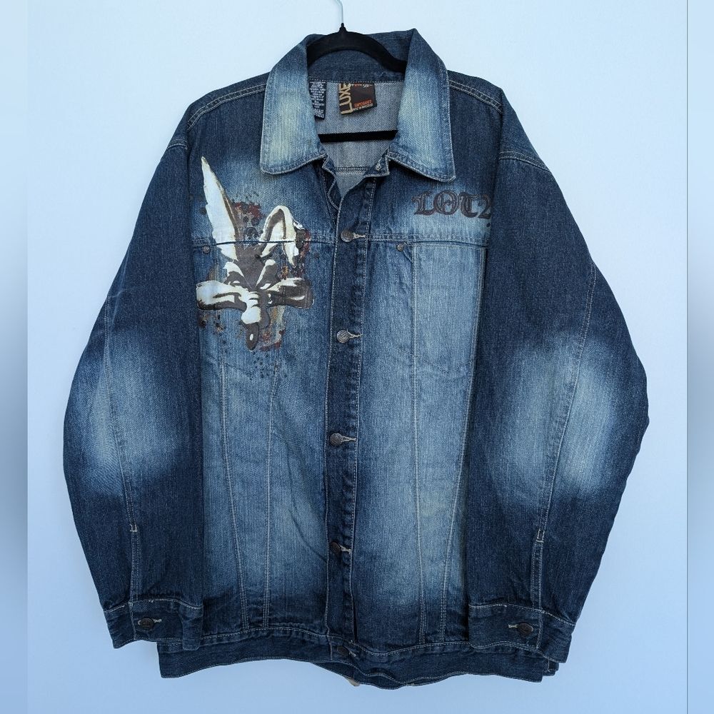 Y2K Lot 29 Looney Tunes Heavyweight Denim Jacket Print Sz XL Streetwear Painted